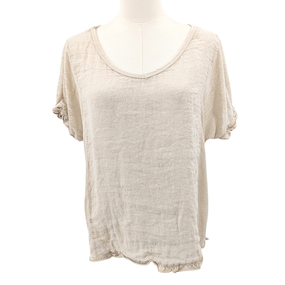 I Love Linen Beige Linen Top Short‎ Sleeve Relaxed Minimalist Blouse Size L